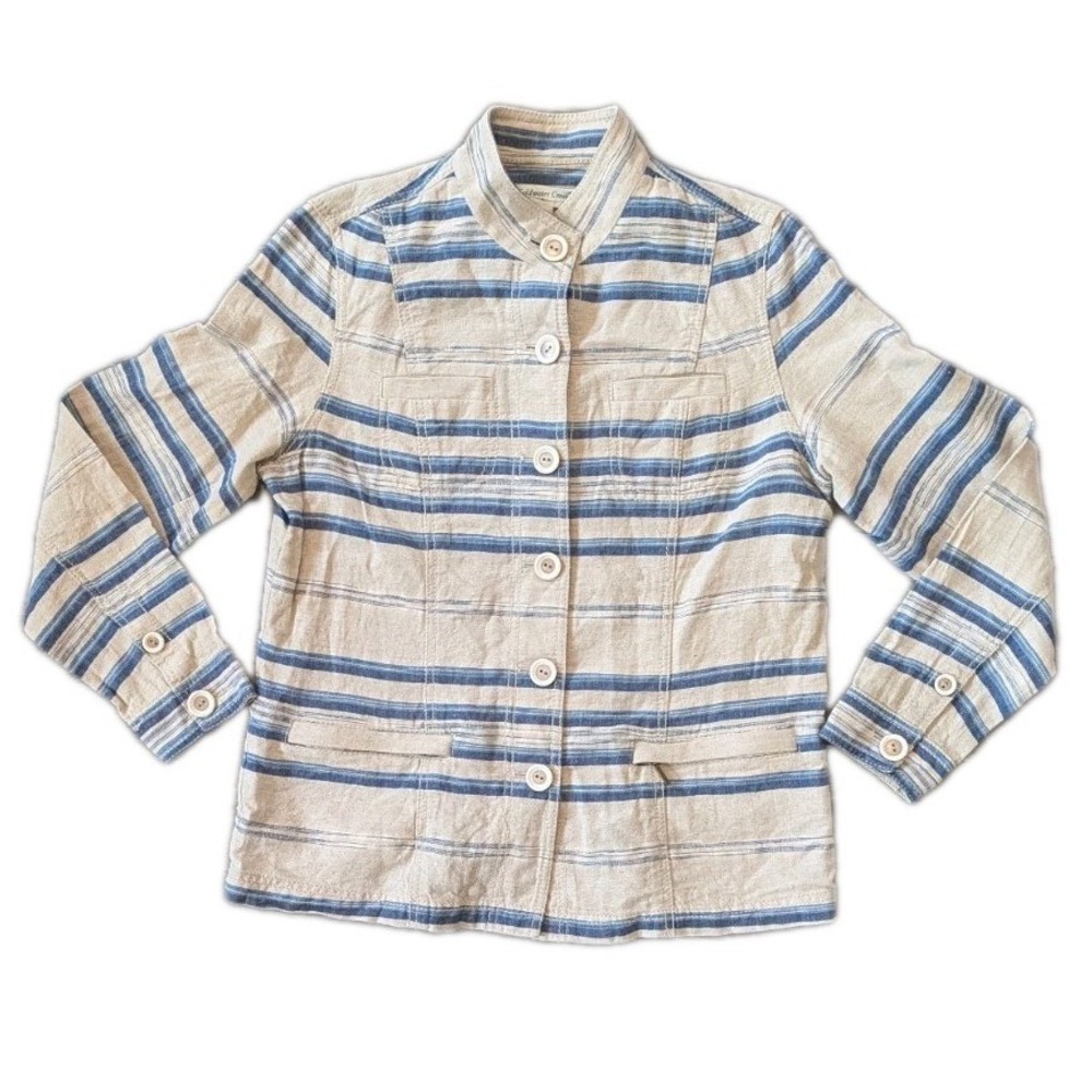 Coldwater Creek Jacket 12 Blue Beige Striped Linen Blend Buttons ‎ Zip Pockets